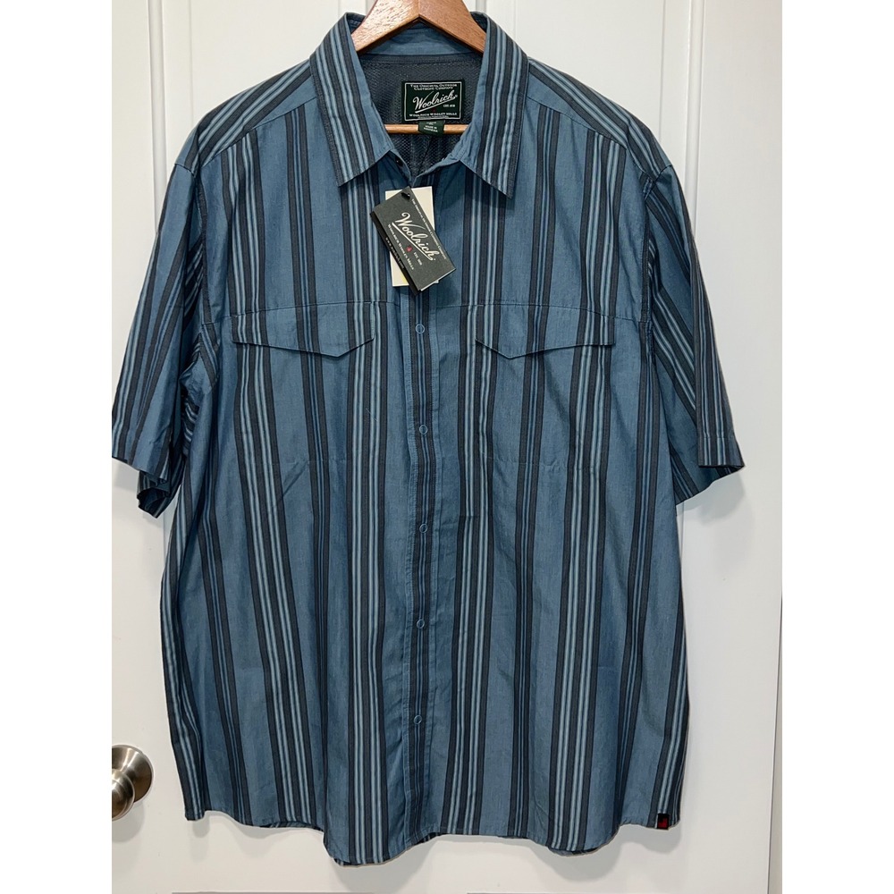 NEW Woolrich Mens XL Blue Striped Short Sleeve Button Down Shirt Mesh Back